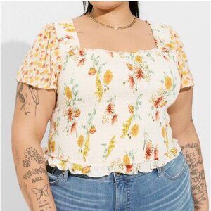 Torrid Women's Warm Sunset Floral Smocked Flutter Sleeve Crop Top Size 3